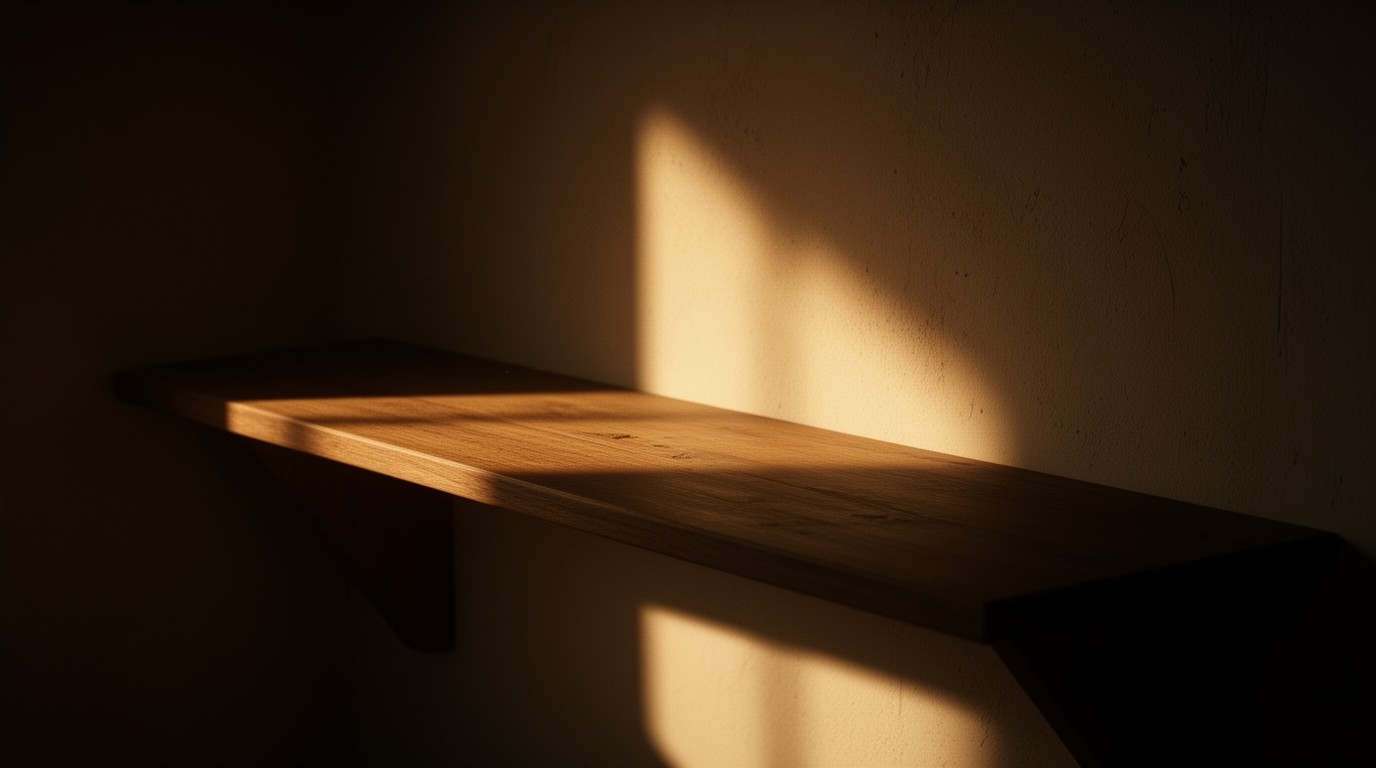 An empty wooden shelf swept clean in a sunlit room