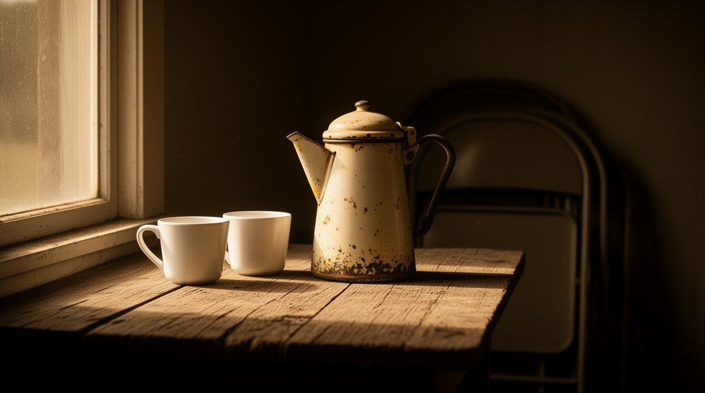 A worn enamel coffee pot and two plain white cups on a weathered plank table by a window, folding chairs stacked behind