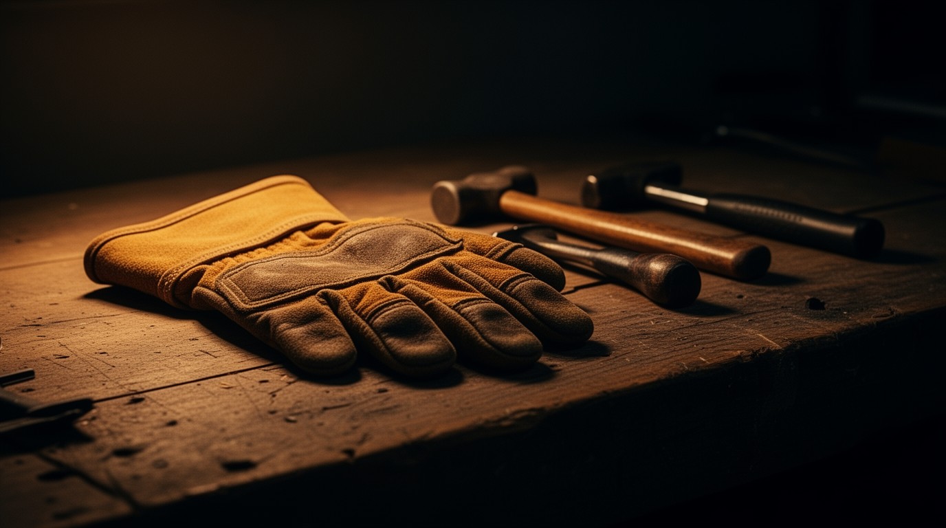 A worn leather work glove and hand tools on a wooden workbench