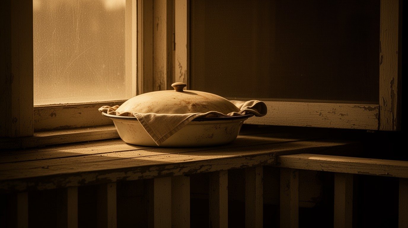 A covered enamel pie dish set on a weathered porch rail beside a screen door