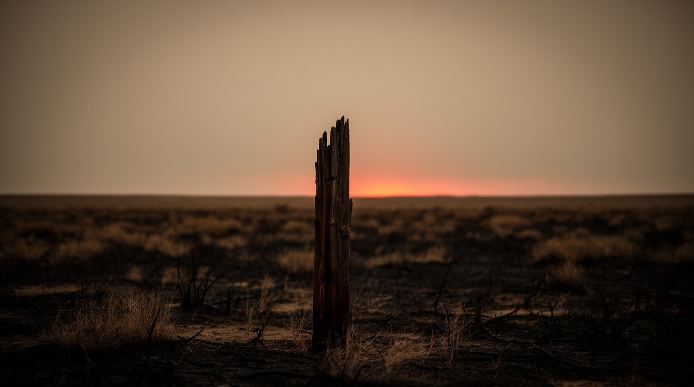 A weathered fence post standing in scorched grassland with a glow on the horizon