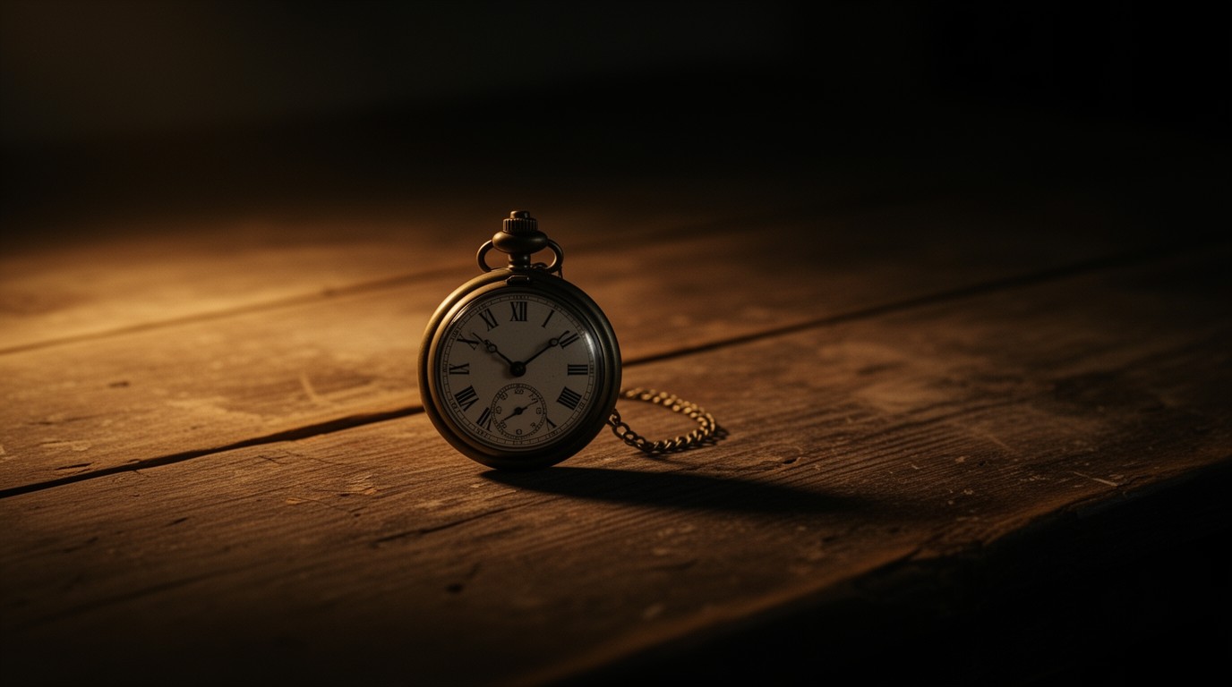 A pocket watch resting on a worn wooden table