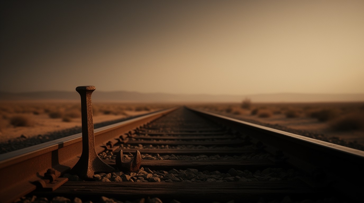 An old iron rail spike on a worn railroad track disappearing into a hazy desert horizon