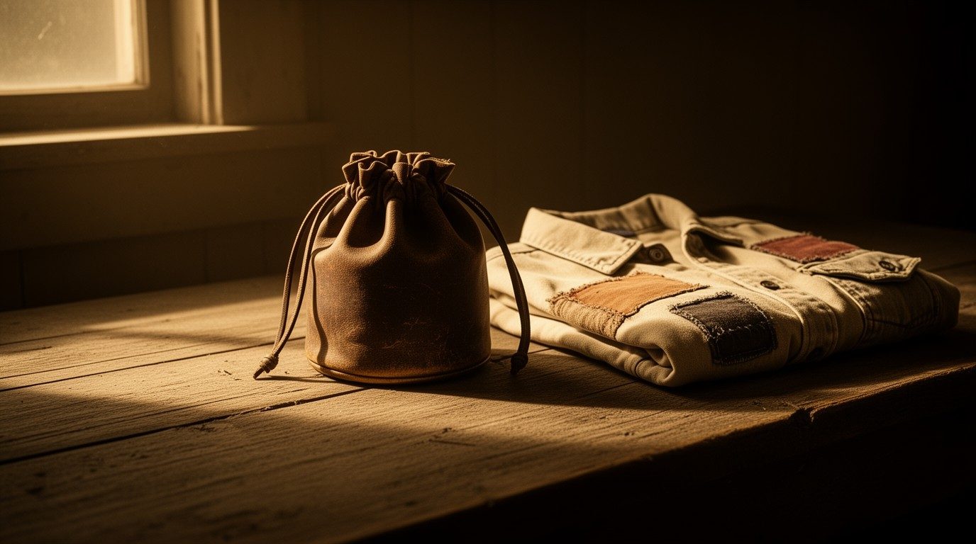 A worn leather drawstring pouch beside a folded, patched cotton work shirt on a weathered plank table in late light