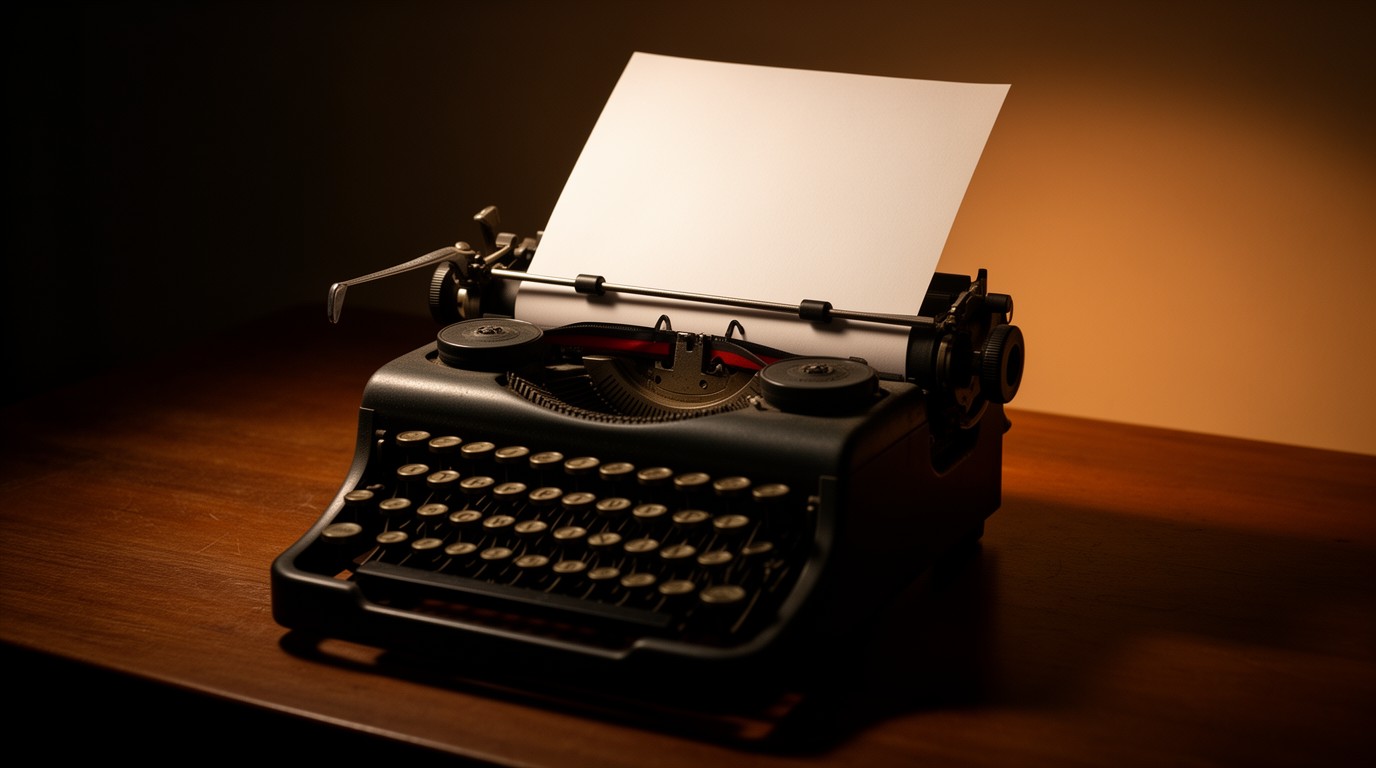 A vintage typewriter with a blank sheet of paper, warm desk light