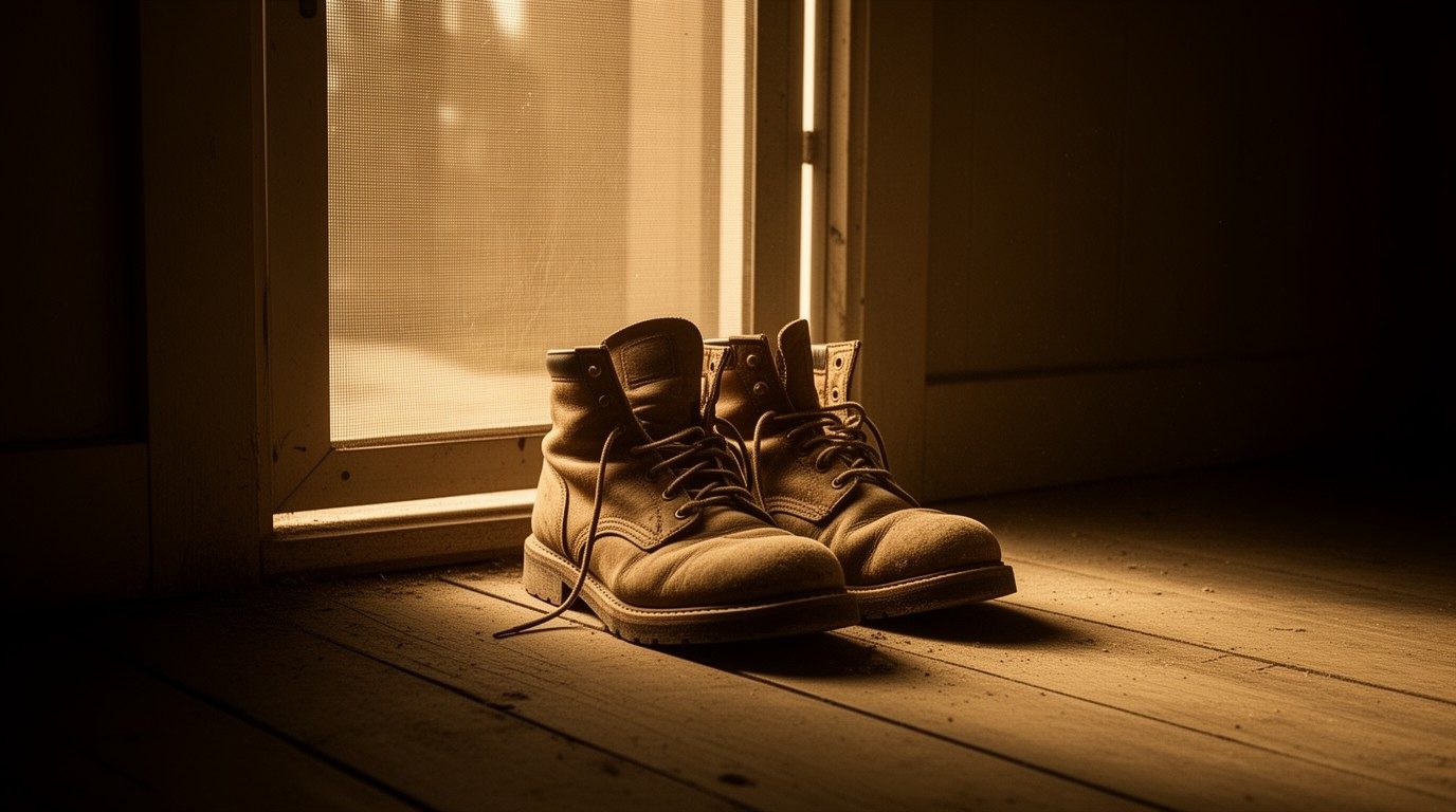 A pair of worn leather work boots on floorboards by a screen door
