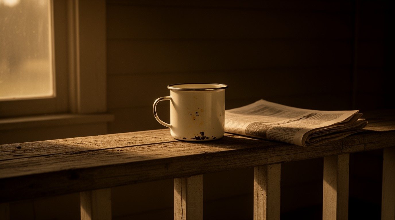 An enamel cup and a folded newspaper on a porch rail in late afternoon light