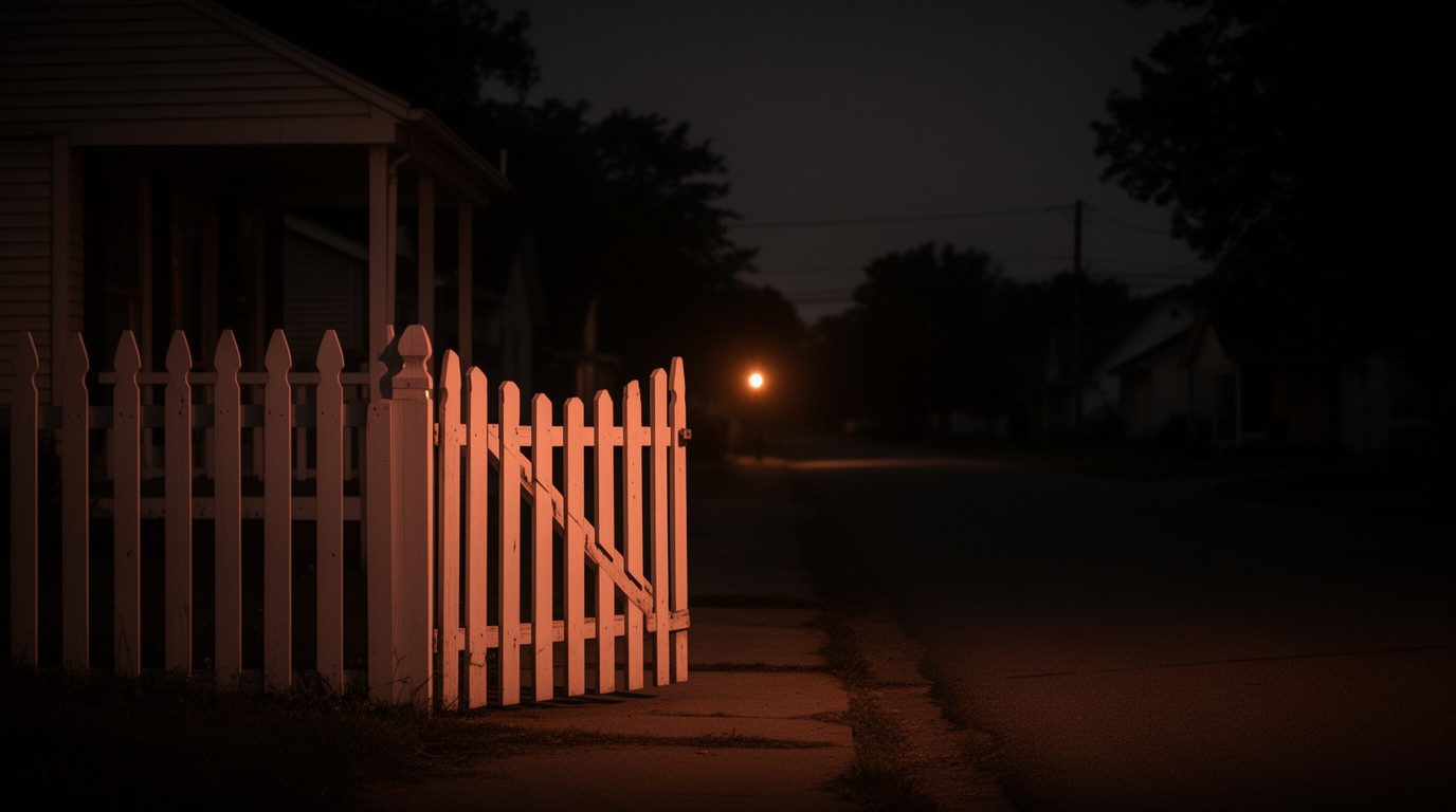 A white picket gate standing open on a quiet street at dusk