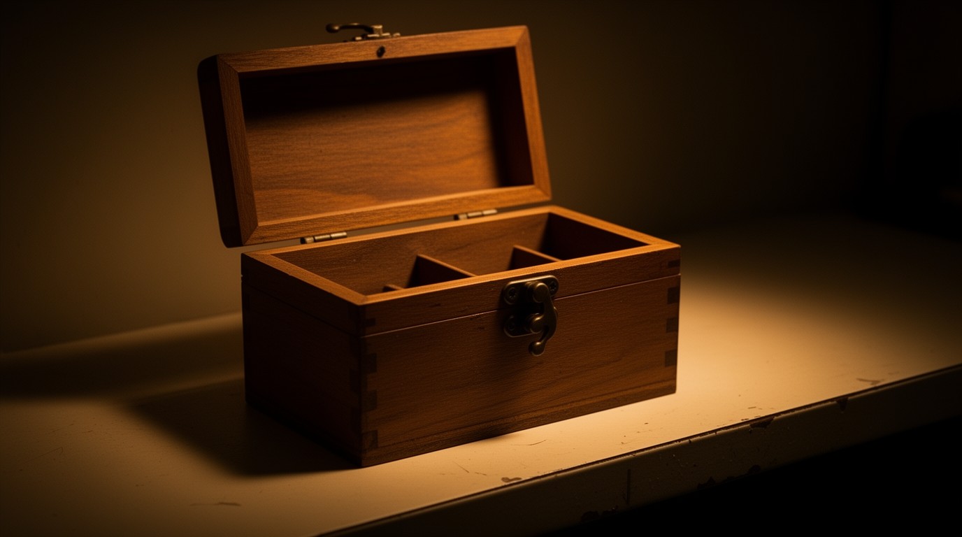 A simple wooden cash box sitting open on a counter