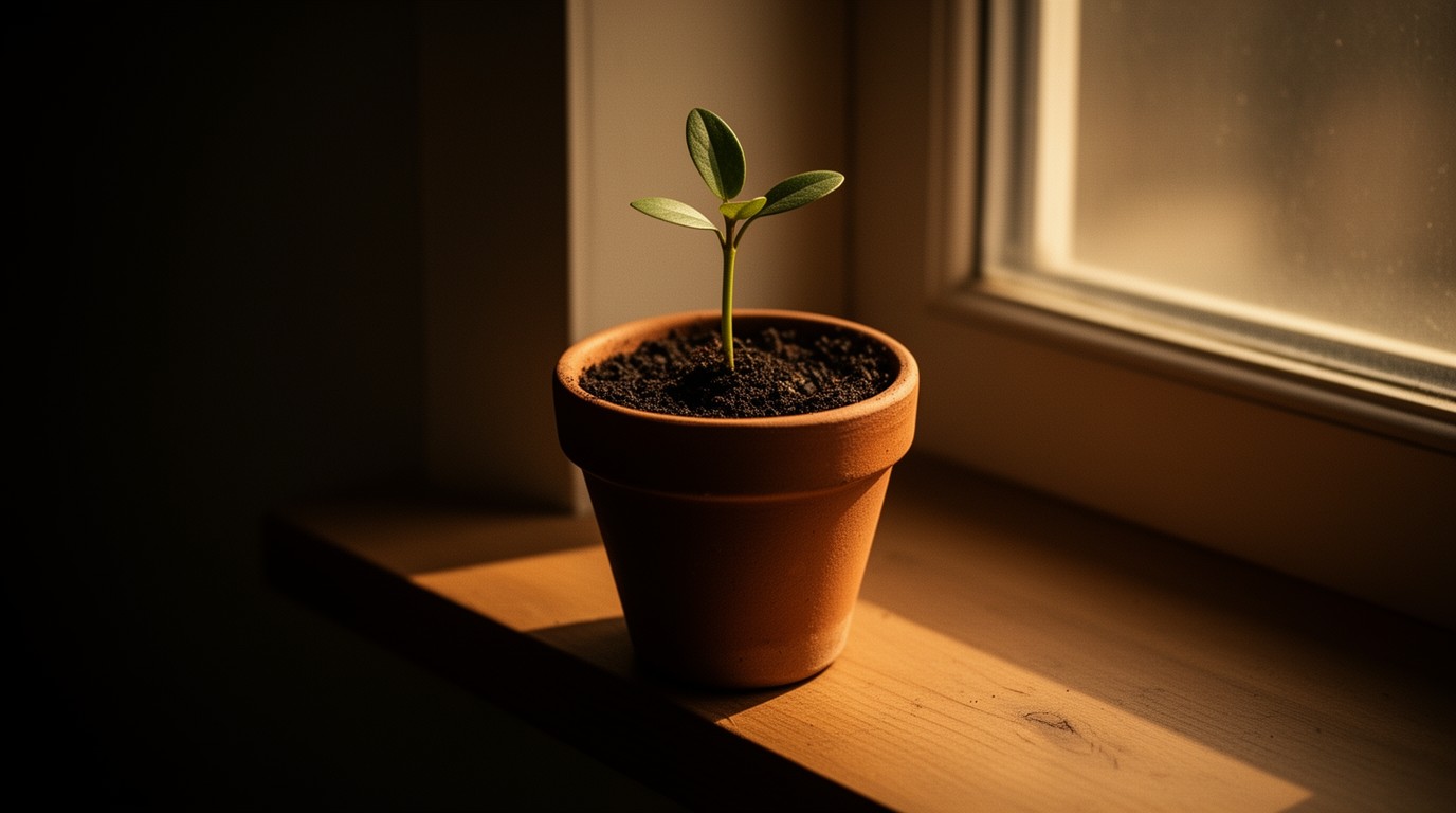 A small terracotta pot with a seedling sprouting on a windowsill