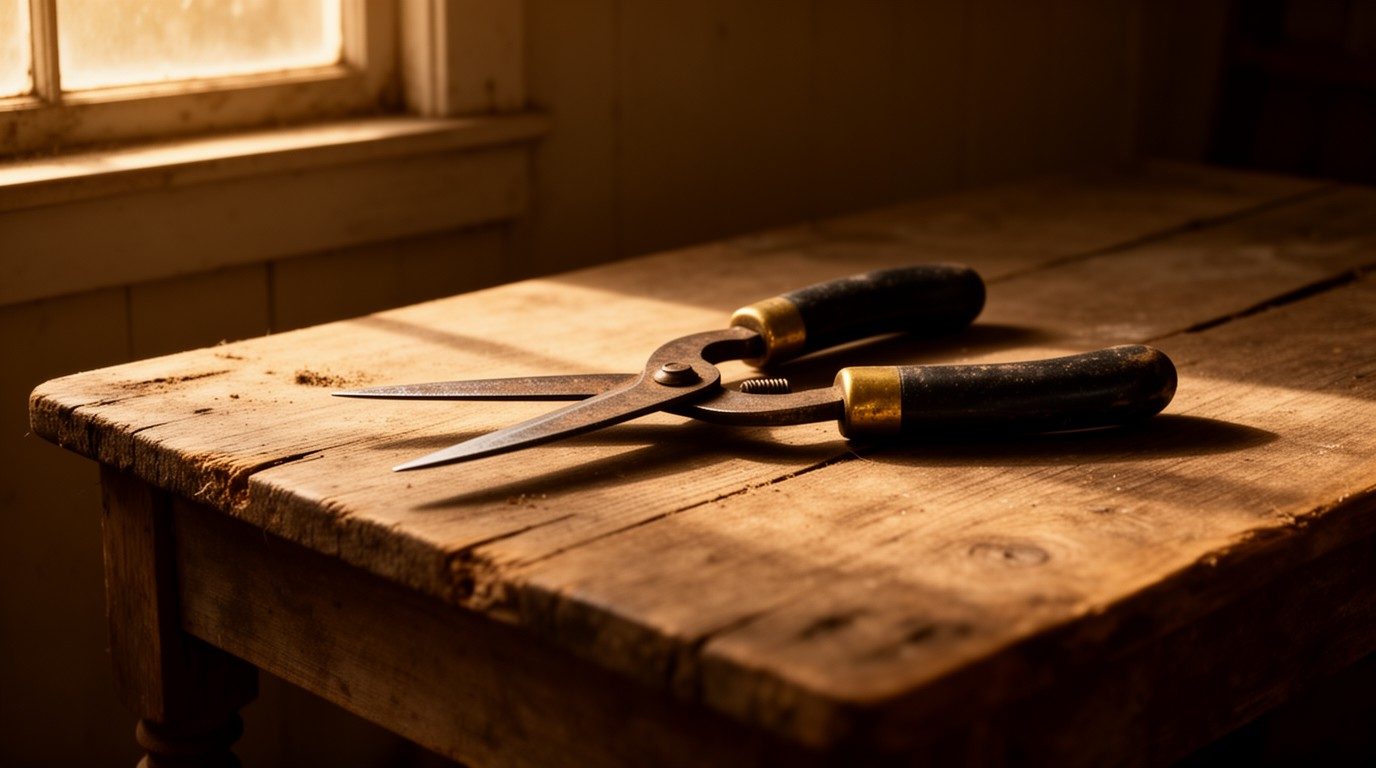 A pair of old hand sheep shears resting on a weathered plank table in late light